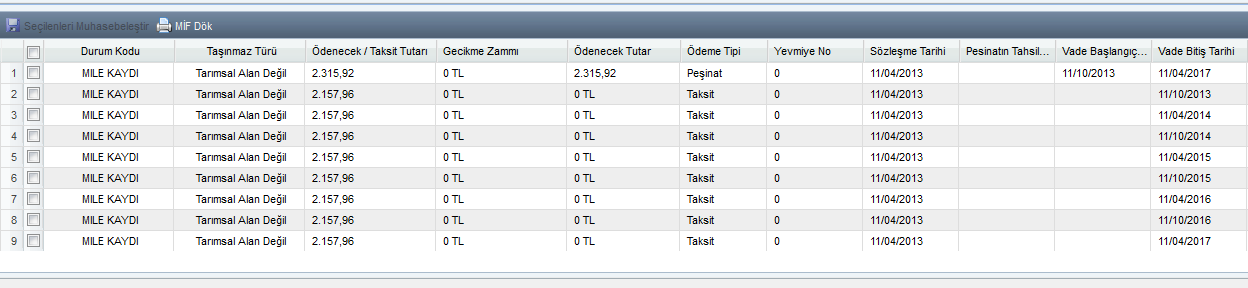 Uyarı-1: 2/B Kapsamında HYS den yapılan satış işlemlerinde MIF (Muhasebe İşlem Fişleri) otomatik olarak yetkili personel işlemleri yaparken Hak sahibin ödeyeceği tutarı tahsil ettikten sonra MIF