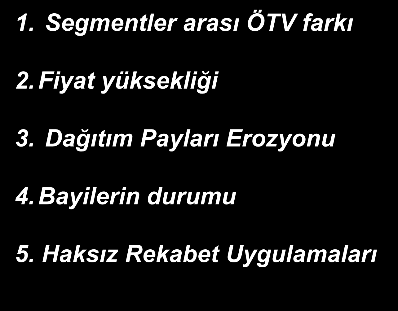 SEKTÖRÜN SORUNLARI 1. Segmentler arası ÖTV farkı 2. Fiyat yüksekliği 3.