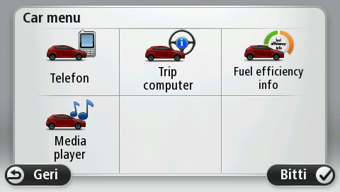 Car Menu, farklı araç markalarında aşağıdaki gibi görünür: Telefon Blue&Me-TomTom 2 navigasyon cihazınızı ahizesiz arama yapmak için kullanabilirsiniz.