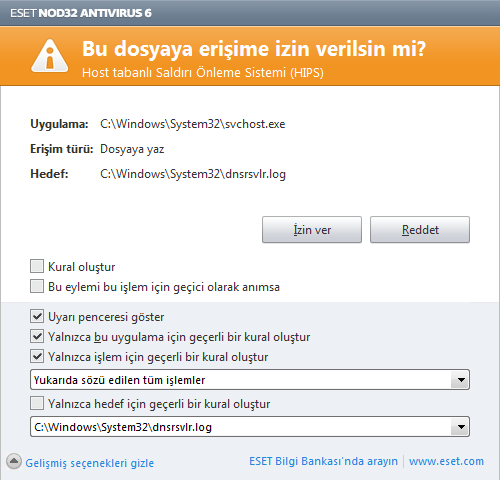 Varsayılan eylem Sor ise, her defasında bir iletişim penceresi gösterilir. Bu, kullanıcının işlem için Reddet veya İzin ver seçeneğini belirlemesine olanak verir.