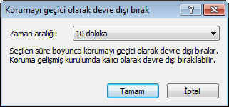 zamanı belirten iletişim kutusunun, program menüsünden veya ESET NOD32 Antivirus > Ayarlar bölümünden korumayı her geçici olarak devre dışı bıraktığınızda görüntülenmesine neden olur. 4.5.