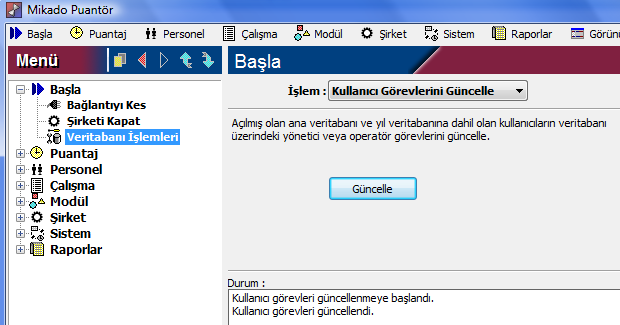 Mikado 2013 Yıl Sonu İşlemleri 7 2014 Kullanıcı Haklarının Güncellenmesi Mikado Puantor programı çalıştırılır. SYSDBA şifresi ile bağlanılır. 2014 yılı şirketlerinden herhangi biri seçilir.