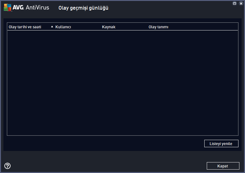 11.6. Olay Geçmişi Olay geçmişi iletişim kutusuna AVG AntiVirus ana penceresinin üst satırındaki gezinme bölümünden Seçenekler / Geçmiş / Olay Geçmişi menü öğesi yoluyla erişilebilir.