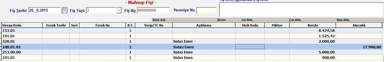 FİŞ İŞLEMLERİ PENCERESİ: Girilen fişlerle ilgili tüm işlemler programın herhangi bir yerinde Ctrl+F kısayolu ya da fiş içinden Fiş işlemlerinden girilir.