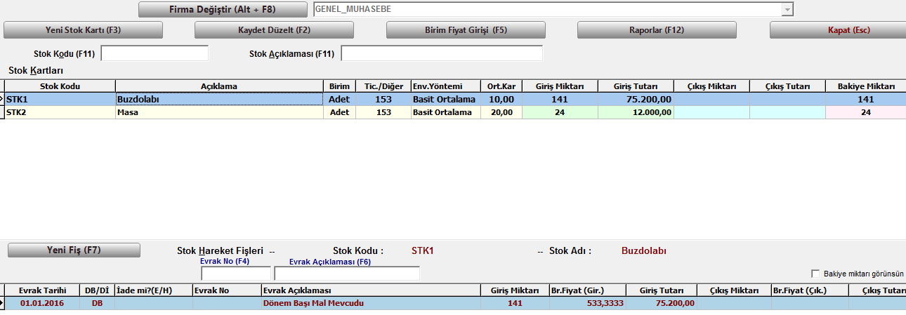 çı Açılış Fişi (Yeni döneme) Müşavir stok devir Genel muhasebe modülünde stoklu çalışılacaksa, Müşavir stok bölümüne bağlantılı olarak stok kartı tanımlanır ve stok hareketleri buradan