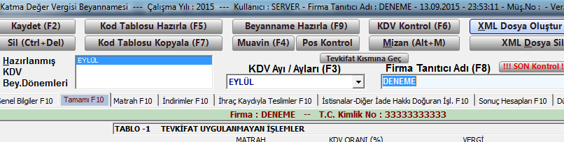 Kod tablosu kullanılarak beyanname almada dikkat edilecek husus: Programda kdv beyannamesi alındığında beyanname üzerinde alımlara ilişkin %1, %8, %18 oranların kdv lerine göre matrahları karşımıza