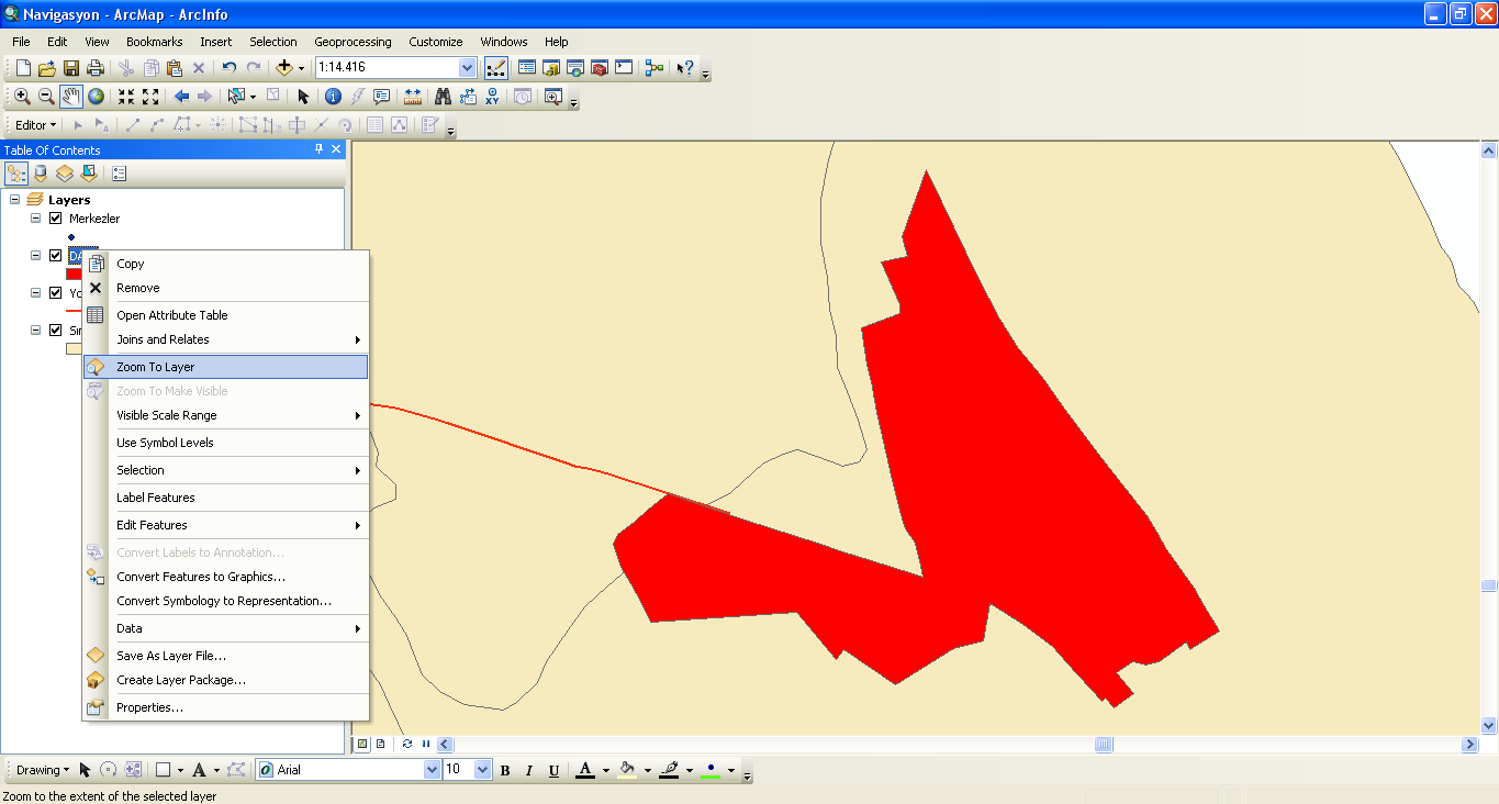 NAVIGASYON ARAÇLARI Katmanlar bölümüde bulunan DAÜ katmanına sağ tıklayarak açılan pencereden Zoom to Layer seçeneğini seçiniz.