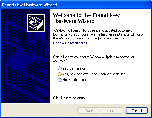 Windows XP 1. Adım: Windows başladığında, yeni bir donanım eklendiğini fark edecek ve Found New Hardware Wizard (Yeni Donanım Bulundu) sihirbazını çalıştıracaktır. Cancel (İptal) i seçiniz. 2.