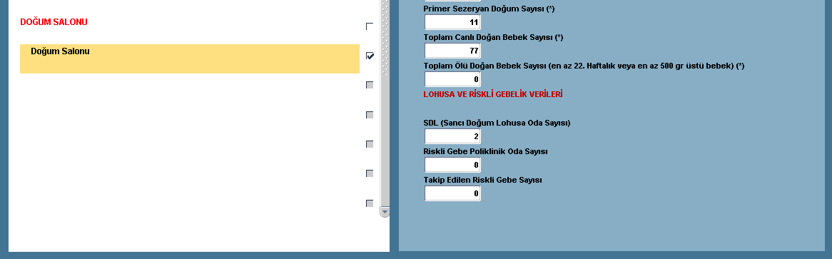 SDL (Sancı Doğum Lohusa) Oda Sayısına ; Gebe taburcu olana kadar doğum sancısını çektiği, doğumun gerçekleştiği ve lohusalık süreçlerini aynı odada tamamladığı oda sayıları girilmeli Riskli Gebe