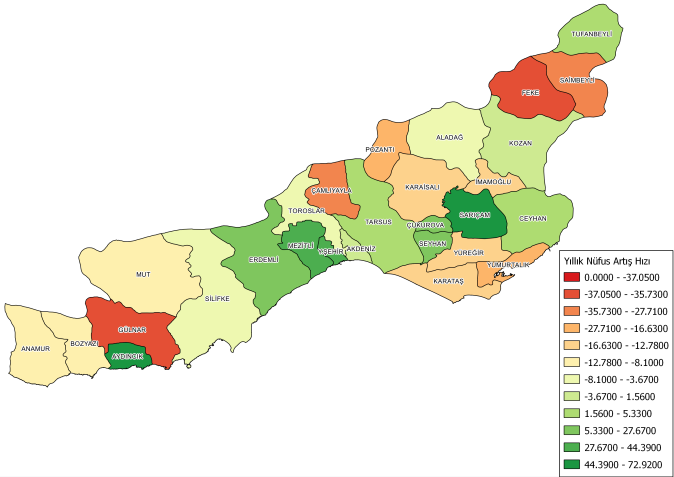 Harita 4.6.3: Çukurova Bölgesinde kentsel nüfus oranı ile yıllık nüfus artış hızlarının dağılımı (2012) Kaynak: TUİK verilerinden haritalandırılmıştır.