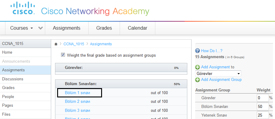 Sınav Aktivasyonu Kurs ana sayfasında «Assignments» linki tıklanır.