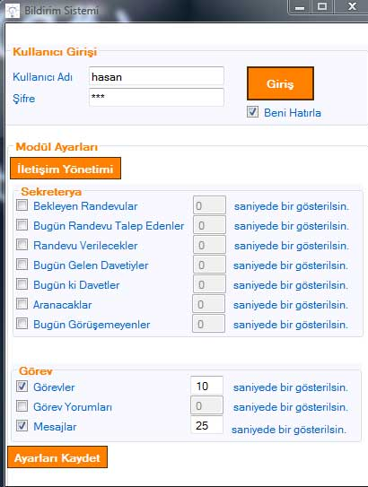 3-j-Hatırlatıcı Modülü Telefon Kayıtlarından, Randevu, Davet, Görev yönetimi ve hatırlatıcı modülün kendisinden kolayca eklenebilecek ve sizlere mesaj balonu, uyarı formu