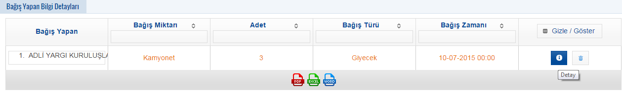 Resim 17 : Ayni Bağış Bilgileri Tanımlama -3 7. Yapılan Bağış Bilgileri panelinde ilgili alanlar doldurulur ve Ekle butonuna basılır. Resim 18 : Ayni Bağış Bilgileri Tanımlama -4 8.