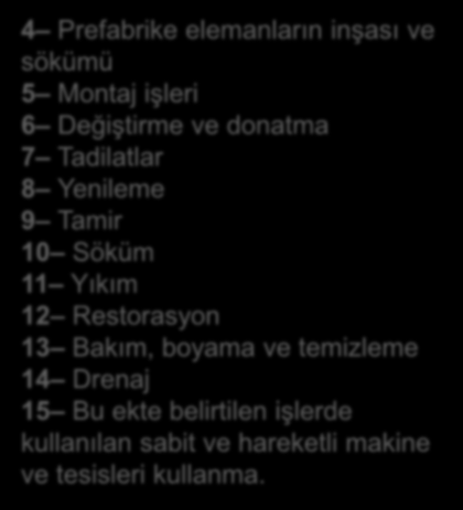 YAPI İŞLERİ LİSTESİ 1 Kazı, yarma ve doldurma işleri 2 Hafriyat 3 İnşa a) Bina b) Set, baraj c) Yol, demiryolu, havai hat ç) Tünel d) Metro e) Köprü f) Çelik yapı g) İskele, liman, dalga kıran, gemi