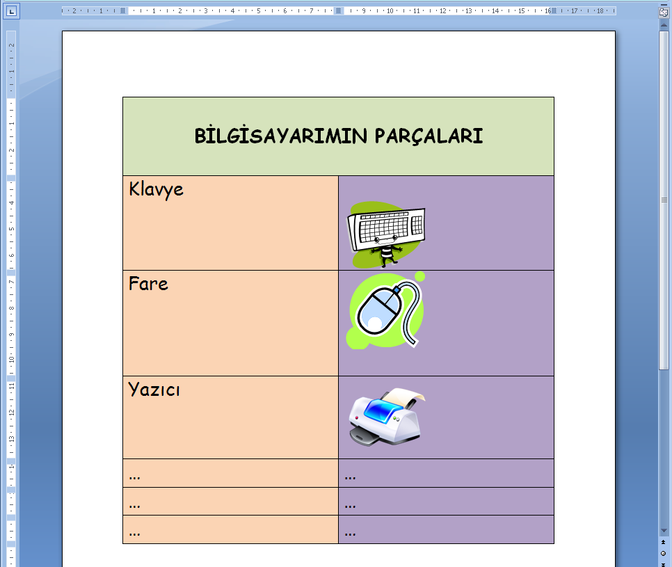 ETKİNLİK 10 TABLO ÇİZME VE BİÇİMLENDİRME: BİLGİSAYARIMIN PARÇALARI (TS: 15 ) KAZANIMLAR: YÖNTEM VE TEKNİKLER: ETKİNLİK ÖNCESİ HAZIRLIK: ETKİNLİĞE GİRİŞ: Kelime işlemci programında tablo ekler.