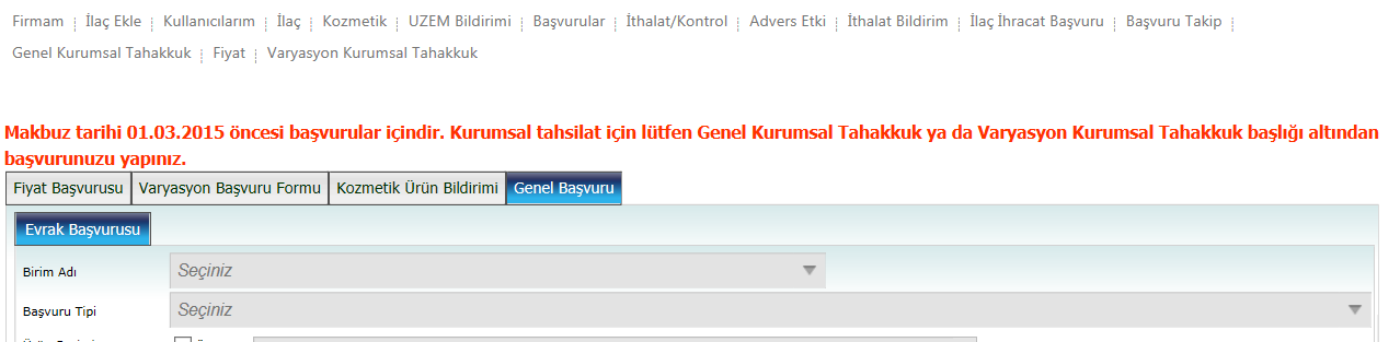 Sayfa: 1/6 Kurumumuza yapılan ücretli başvuruların işleyişi değiştirilmiştir. Bu değişiklik sonucunda elektronik başvuru sırasında seçilen birim adı ve başvuru tipinin doğruluğu önem kazanmıştır.