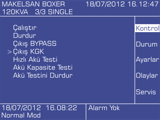 İŞLETME 4.1.3.2 Normal Moddan Statik Bypass Moduna Geçiş Kullanıcı panelinden KGK yı bypass moduna geçirin.