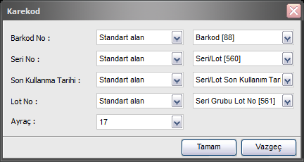 : Karekod sı Açılan tasarım ekranında ilk olarak yukarıdaki başlık bölümünden barkod resmine tıklanır ve tasarımdaki herhangi bir boş alana tıklanarak eklenir.