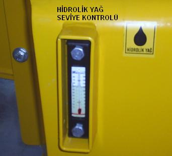 Şekil 3.4: Hidrolik yağ seviye kontrolünde makinenin konumu ve seviye göstergesi Dikkat: Hidrolik tank basınçlı tiptir.