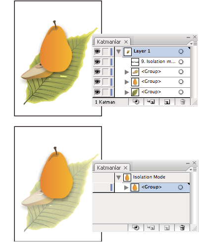 ILLUSTRATOR CS3 189 Armut alt katmanı ayırma Ayırma modu etkinken, Katmanlar panelinde sadece ayrılmış alt katmandaki veya gruptaki resimler görüntülenir.