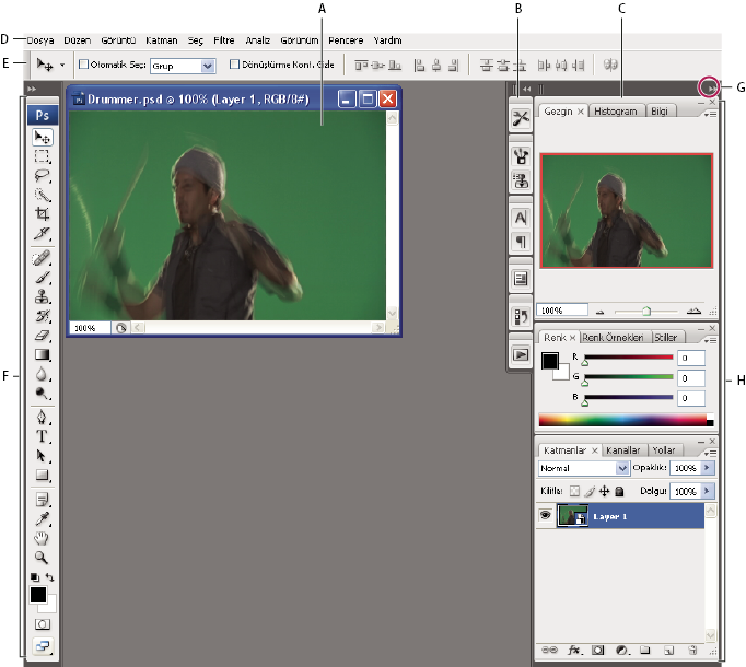 ILLUSTRATOR CS3 15 Varsayılan Photoshop çalışma alanı A. Belge penceresi B. Simgelere daraltılmış paneller çubuğu C. Panel başlık çubuğu D. Menü çubuğu E. Seçenekler çubuğu F. Araçlar paleti G.