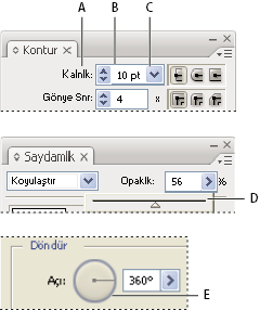 ILLUSTRATOR CS3 17 Değer girme yolları A. Ok düğmeleri B. Metin kutusu C. Menü oku D. Sürgü E.