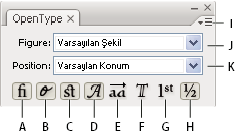 ILLUSTRATOR CS3 307 OpenType paneli A. Standart Bitişik Harfler B. Bağlamsal Alternatifler C. İsteğe Bağlı Bitişik Harfler D. Süs E. Stil Alternatifleri F. Başlık Oluşturma Alternatifleri G.