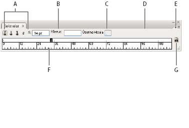 ILLUSTRATOR CS3 315 Sekmeler paneli A. Sekme hizalama düğmeleri B. Sekme konumu C. Kılavuz kutusu D. Üzerine Hizala kutusu E. panel menüsü F. Sekme cetveli G.