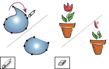 ILLUSTRATOR CS3 76 Yolun bazı bölümlerini silmek için Yol Silme aracının kullanılması (solda), gruplanmış bir nesnenin bir bölümünü silmek için Silgi aracının kullanılması (sağda) Silgi aracının