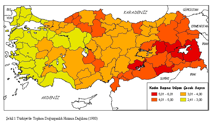 Türkiye de Toplam Doğurganlık Hızında Mekansal Farklılıklar (1980) Source : E.