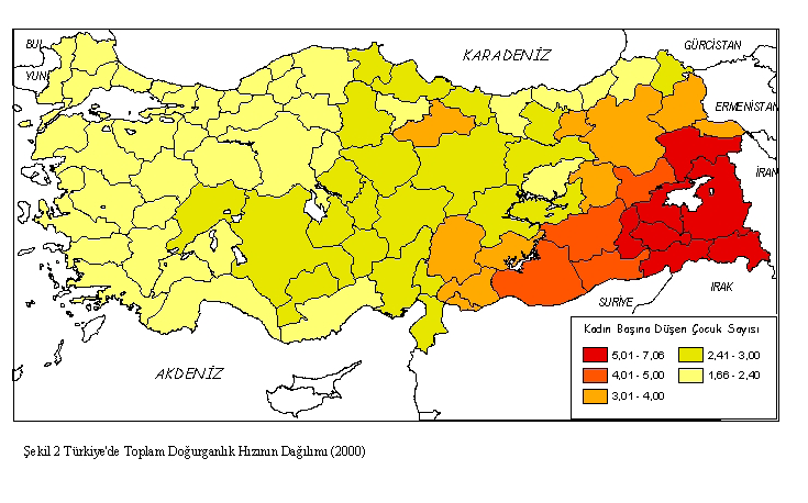 Türkiye de toplam doğurganlık hızı (2000) KAYNAK: E.