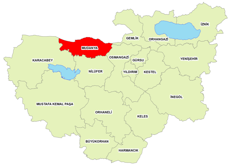 1. GENEL GÖRÜNÜM 1.1. Coğrafya ve İklim Mudanya, Türkiye'nin Kuzeybatısında yer alan Marmara bölgesindeki Bursa ilinin ilçesidir. Bursa'ya 32 km. uzaklıkta olup 334 km 2 ' yüzölçümüne sahiptir.