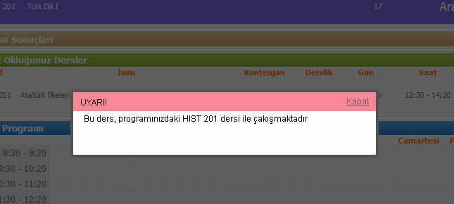 Resim 9 :Arama Sonuçları Bölümü Kontenjanları dikkate alarak seçeceğiniz şubenin veya alternatif şubenin yanındaki (+) işaretine tıklamak suretiyle o şubedeki derse kayıtlanmış olursunuz.