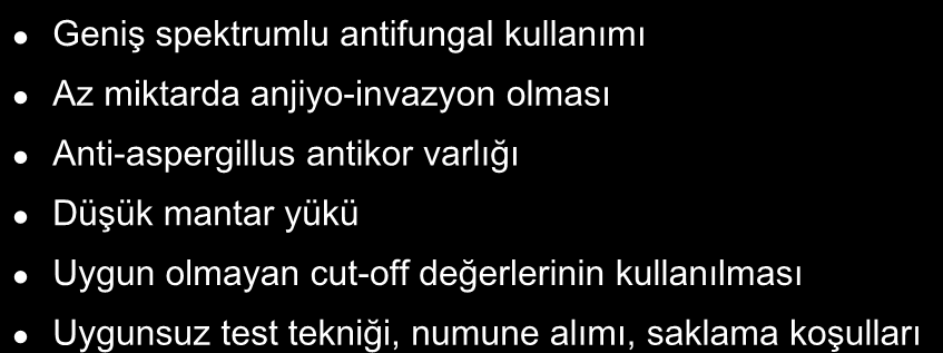 Yalancı negatiflik sebepleri Geniş spektrumlu antifungal kullanımı Az miktarda anjiyo-invazyon olması Anti-aspergillus antikor