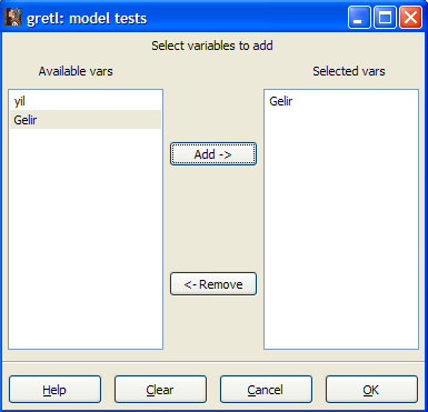 11. İhmal edilen değişken testi: İhmal edilen değişken testi, Tests/Add variables menüsünden yapılır. İhmal edilen değişkenimizi işaretleyip Add -> düğmesini tıklayarak seçelim.