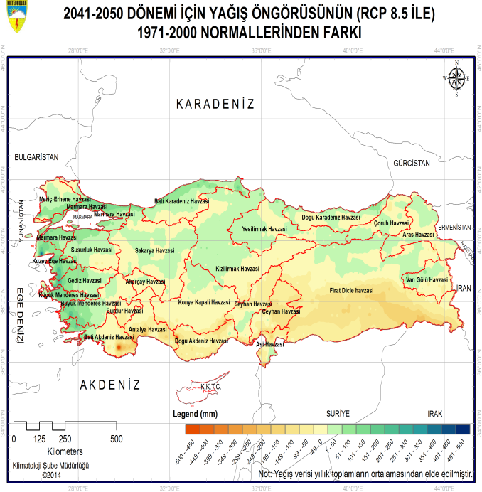 edilen yağış öngörülerinde 2041-2050 ortalama toplam yağışları genel olarak 1971-2000 normallerinin 50-150mm üzerinde olacağı beklenmektedir. Bununla birlikte Akarçay, Burdur, Konya K.