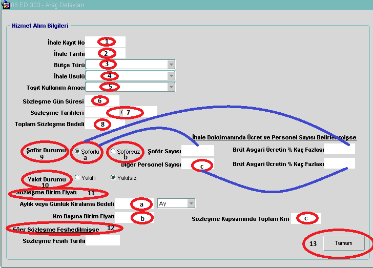 a. Aylık veya günlük kiralama bedeli: İhale aylık veya günlük olarak yapılmış ise Açılır listeden Ay/Gün seçilecek ve süresi yazılacak. b. Km başına birim fiyatı: İhale km bazında yapılmış ise birim fiyat yazılacak.