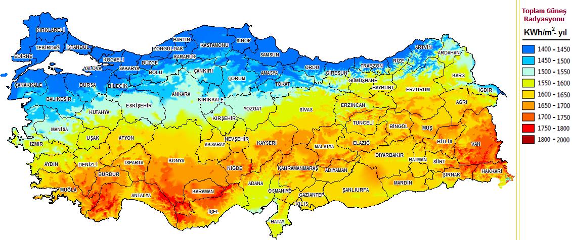 Türkiye'de Güneş Enerjisi Dağılım Haritası [8] Batı Anadolu ve Akdeniz bölgesindeki geniş yayılışından ve odununun tel direği, maden direği yapı malzemesi, yat ve tekne yapımı, ambalaj sandığı gibi