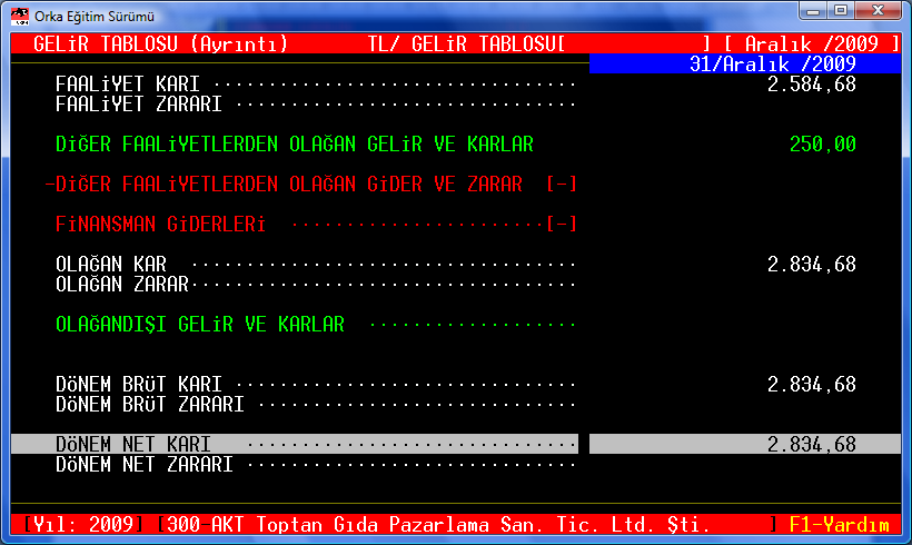 10 Gelir Tablosu içinde [CTRL]+[F4] yaparak, Özet Gelir Tablosu yapabilirsiniz.