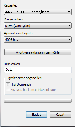 Şekil 86. Biçimlendir Dosya sistemi olarak FAT, FAT32 veya NTFS ten birisinin seçilmesi gerekmektedir. Genel olarak FAT32 ya da FAT seçilmektedir.