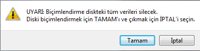 biçimlendirme yapılacak olsun, seçiminizi yaptıktan sonra; Başla düğmesine tıklayarak biçimlendirme işlemini gerçekleştirebilirsiniz. Şekil 88.