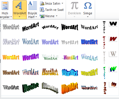 Şekil 230. WordArt Seçenekleri Bu WordArt seçeneklerinden istenilen biri seçilerek doküman içine uygulana bilinmektedir.