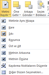 Şekil 276. Metin Kaydırma Seçenekleri Bu seçeneklerden ilki resmi metinle aynı hizaya getirmektedir. Kare ise resmin tam olarak olduğu gibi kalmasını ve hizalanarak kullanılmasını sağlamaktadır.