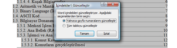 Şekil 286. İçindekileri Güncelleştirme Seçenekleri Şekil 288 de görüldüğü gibi seçenekler karşımıza getirecektir.