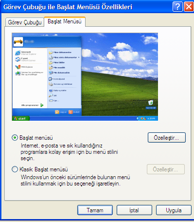 2. Başlat Menüsü Bu menüde başlat menüsünün normal görünümde mi yoksa klasik görünümde mi