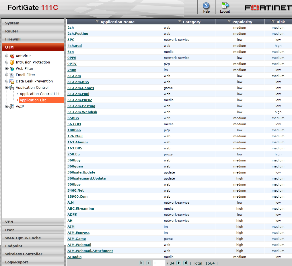 Application Control Ayarları UTM > Application Control > Application List sekmesinde veritabanında mevcut bulunan uygulama imzalarının listesini görebilirsiniz.