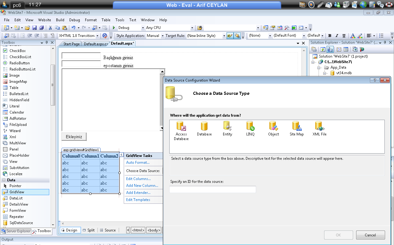 veri tabanındaki verileri sayfada göstermek için,visiostudio da Data panelinden GridWiev ekliyoruz
