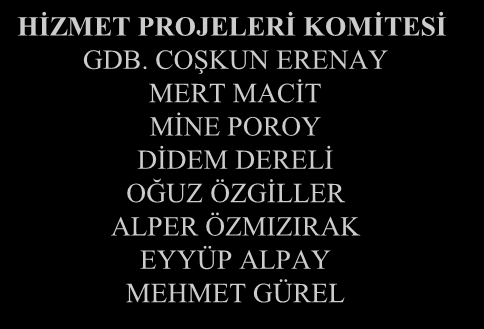 COŞKUN ERENAY MERT MACİT MİNE POROY DİDEM DERELİ OĞUZ ÖZGİLLER ALPER ÖZMIZIRAK EYYÜP ALPAY MEHMET GÜREL GEÇMİŞ DÖNEM BAŞKANLARI 2001-2002 NECDET GÜNDOĞDU 2002-2003 COŞKUN ERENAY 2003-2004 HANDE