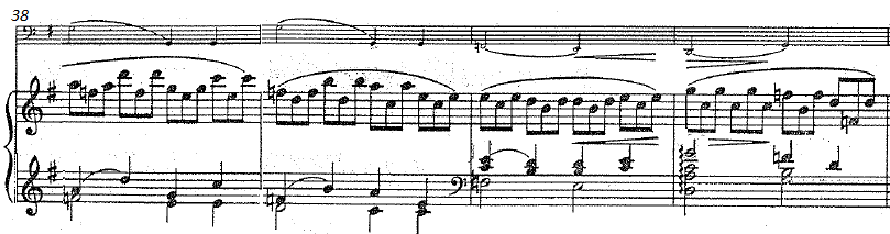 Şekil 5 38 inci ölçüden sonraki 4 ölçüde ise, altta piyano aynı ritmik motifi sürdürürken yukarıda çello bir çeģit geçiģ sayılabilecek 4 ölçülük bir kesit çalar ve bu kesitin son akoru sol majördür.