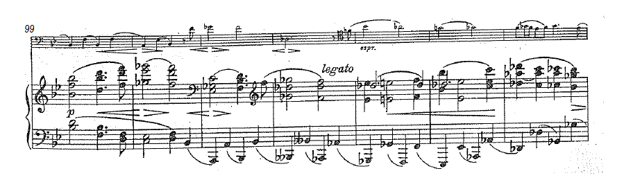 Şekil 14 101 inci ölçüden itibaren, 100 üncü ölçünün son sekizliğinde auftakt ile baģlanan ilk temadaki motifin, ikinci ölçüsündeki ritmik ve melodik yapı hatırlatılır.